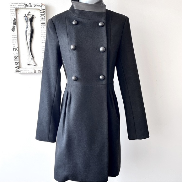 Badgley Mischka Scandi Girl Black Wool And Leather Women’s Fall Winter Coat 6 - Picture 1 of 11